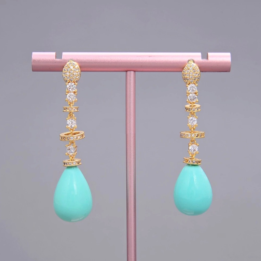 IRIS APFEL Teal Dangle Sea Blue Aquamarine Natural Stone Drop Long Earrings - Picture 3 of 13